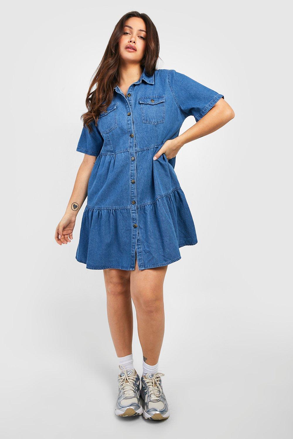 Women s Plus Denim Tie Belt Shirt Dress Boohoo UK